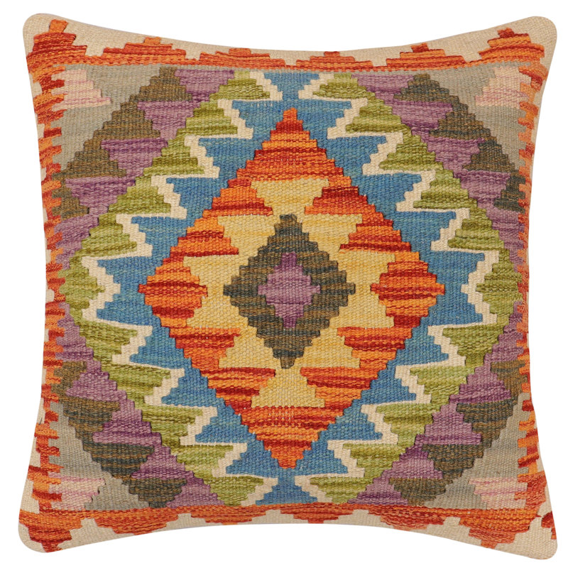 Coussin rustique en kilim tissé à la main rustique Banniste, H 17 po x l 18 po, Jaune / orange / bleu