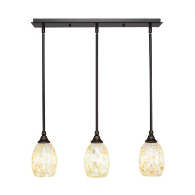 3 Light Stem Hung Linear Pendalier Shown In Dark Granite Finish With 5" Ivory Glaze Seashell Glass