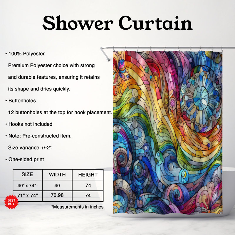 Rideau de douche en verre 1 pièce, H 74 po x l 71 po