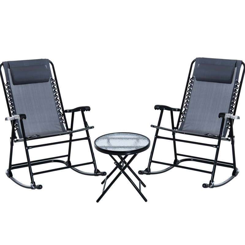 Grey Patio Folding Rocking Chair , 3 Piece With Glass Coffee Table For Outdoor, Yard, Deck, Backyard Outdoor Bistro Backyard,