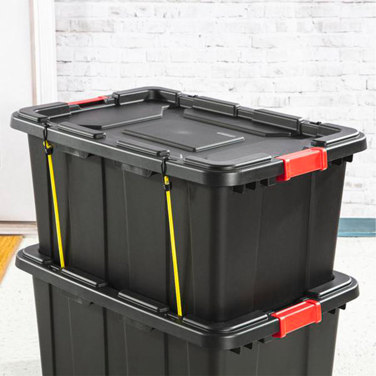 Sterilite 14649006 15 Gallon/57 Liter Industrial Tote, Black Lid & Base W/ Racer Red Latches, 6-Pack