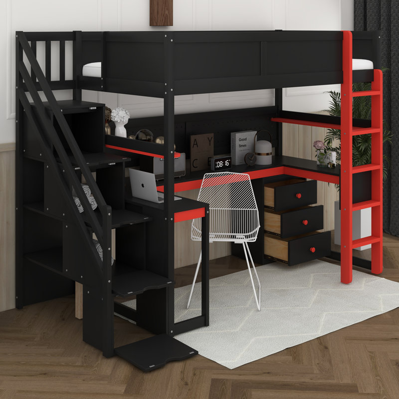 Lit mezzanine simple en bois avec escalier de rangement, bureau, tablettes et panneau perforé, Black/Red