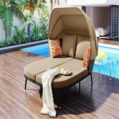 Ensemble de canapé-lit de 74 po en L 74,8 po avec auvent rétractable et rotin extérieur en osier avec causeuse et coussins décoratifs pour cour, piscine, jardin et brun