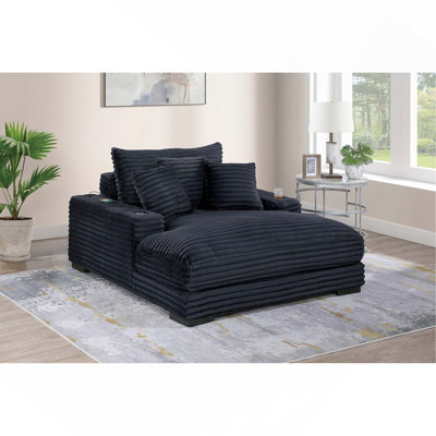 Chaise Lounge W 2/ Cup Holders USB Ports Corduroy Wooden Legs Pillows Plush Couch Sofa Chaise