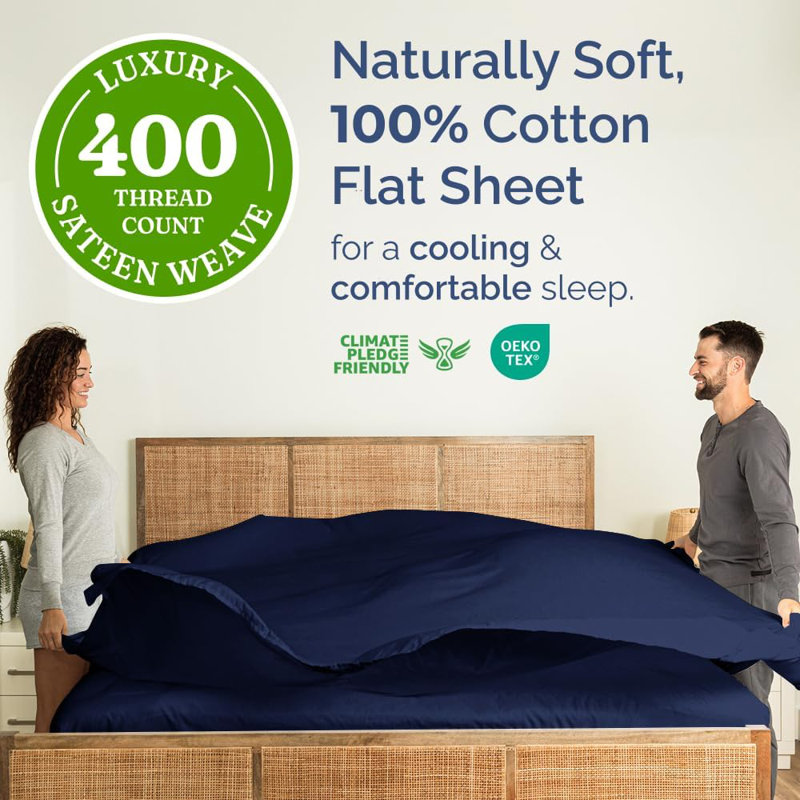 400 Thread Count Cotton Flat Sheet – Cooling, Breathable & Soft Top Sheet, King, Navy Blue