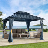 Pavillon de jardin à toit rigide de 12 pi x 12 pi avec double toit en acier galvanisé, structure en aluminium robuste, rideaux et filet pour patio, pelouse et jardin
