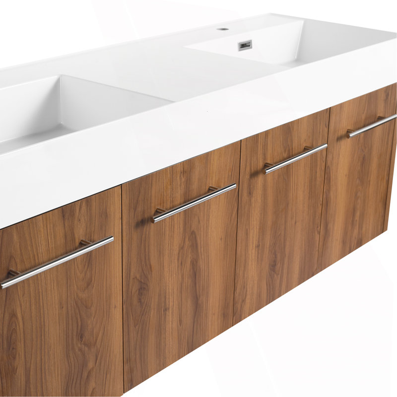 Meuble-lavabo mural de 60 po avec lavabo, lavabo double en résine à rebords épais, ensemble KD