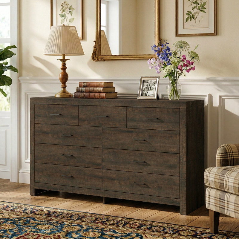 Commode à neuf tiroirs de style rustique, Brun
