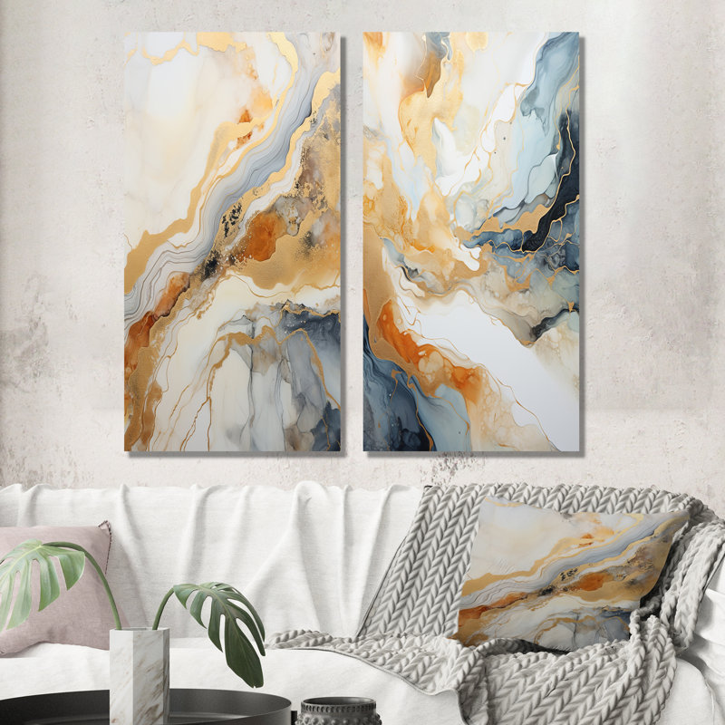 Abstrait géométrique beige et doré - ensemble de 2 reproductions d'art sur toile, Toile tendue, H 28 po x l 25 po