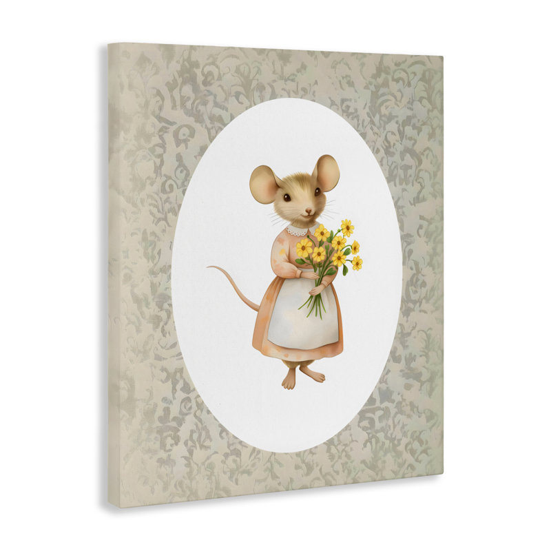 Petite souris sur toile avec fleurs, design par Arlington Prints, H 30 po x l 24 po