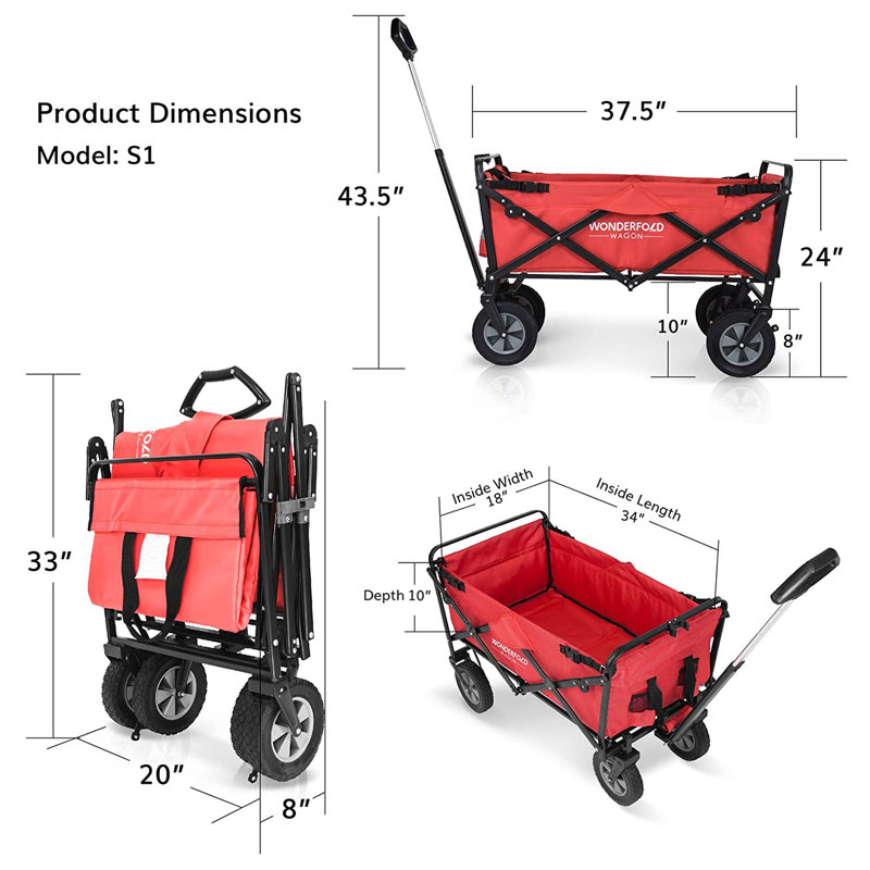 Wonderfold Pull/Push Collapsible Utility Folding Wagon With Wide Tires, Red