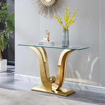 Tempered Glass Console Table For Living Room Modern Center Table With Stainless Steel Frame, Elegant Rectangular Accent Cocktail Sofa Table For Home Office