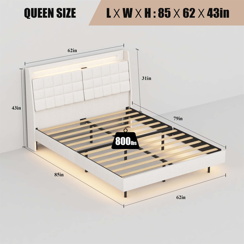 Floating Bed Frame With LED Light And Charging Station Upholstered Platform Bed Frame With Headboard And Hidden Storage Space, No Box Spring Needed