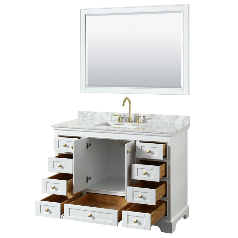 Ensemble de meuble-lavabo simple 48 "avec miroir Deborah, Marbre de culture blanc, Chrome poli, Blanc