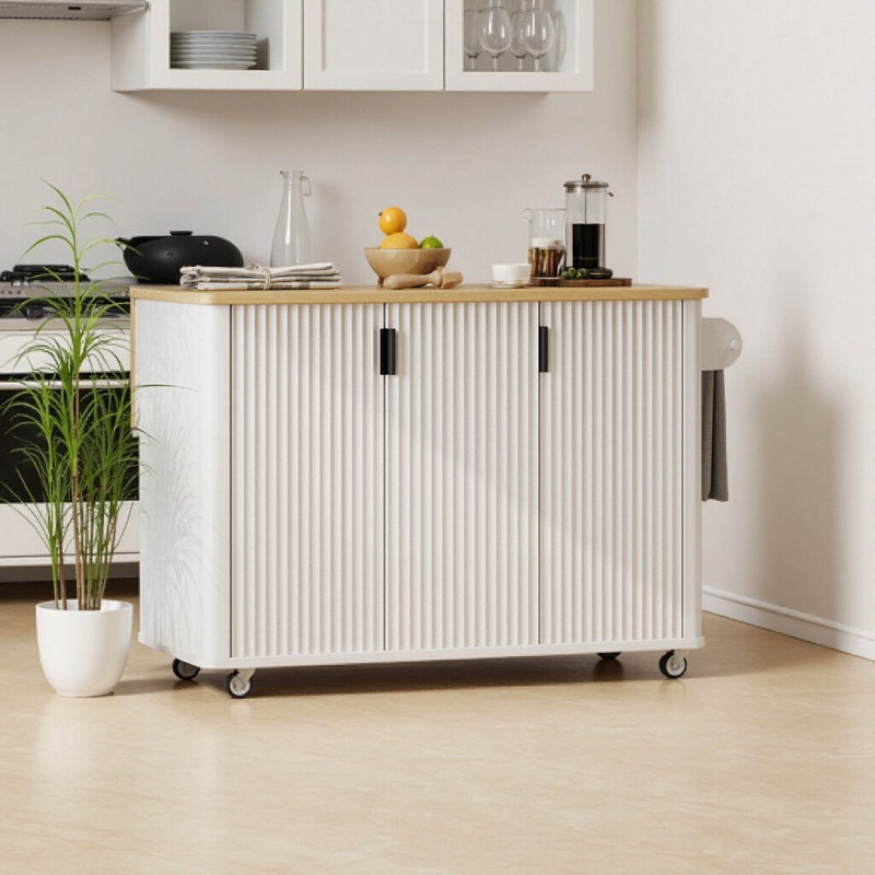 Îlot de cuisine cannelé 51,3 po - Design Art déco + abattant, Blanc