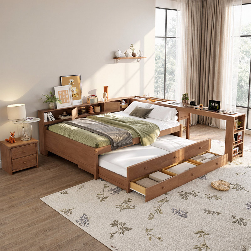 Lit de jour double en L double avec lit gigogne, bureau et rangement intégré, Double, Brun