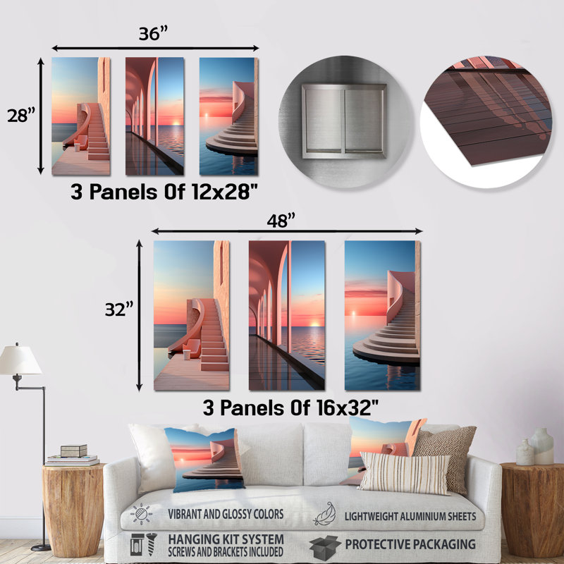 Sunset Coastal Architecture Serenity - Ensemble de 3 décorations murales en métal bord de mer, H 28 po x l 36 po