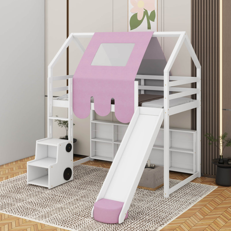 Lit mezzanine simple en bois avec tente, Blanc / Rose