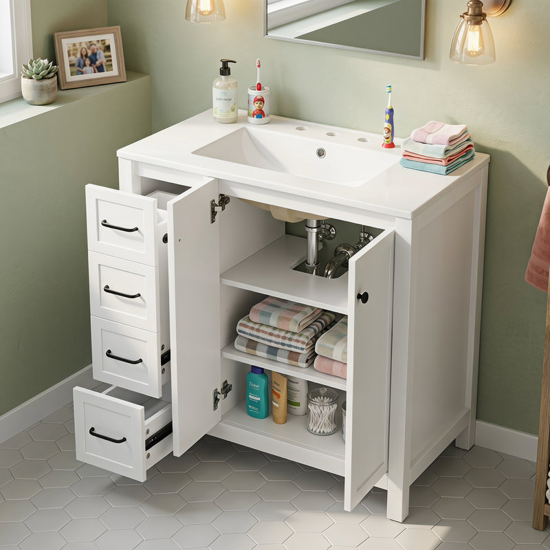 Meuble-lavabo blanc de 30 po avec comptoir d'évier; Armoire à deux portes et deux tiroirs; Bois massif Tablette ouverte Panneaux de fibres à densité moyenne; Emballage simple