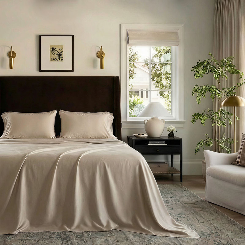 Ensemble de draps 100% coton Supima tissé 1200 fils Threadmill, Ensemble de draps pour très grand lit avec 2 taie, Beige
