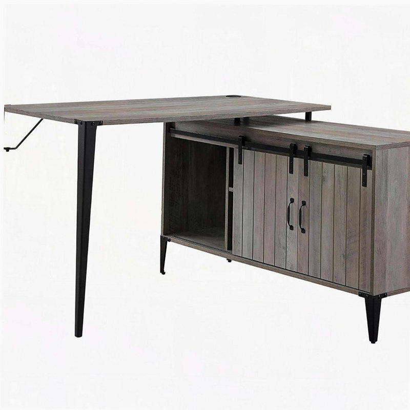 Bureau d'écriture en chêne gris avec porte de grange coulissante, Gris