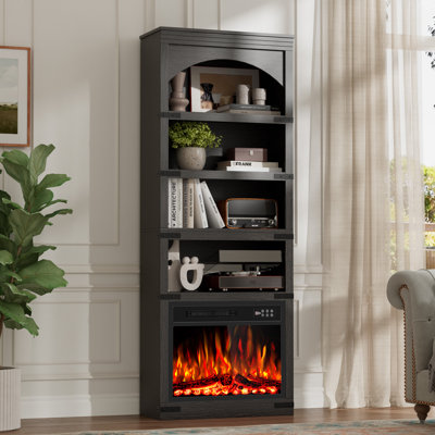 70" Tall Arched Bookshelf w/LED Light, 23 Inch Electric Fireplace with Bookcase, Timer, Realistic Flame Effect, Modern Storage Accent Bookshelf for Home, Office, Living Room