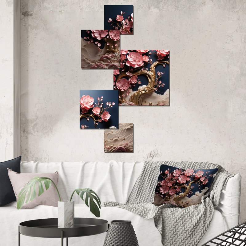 Orchidée bleue bleue et rose, branches d'arbre I - ensemble d'art mural carré en forme d'arbre de 5