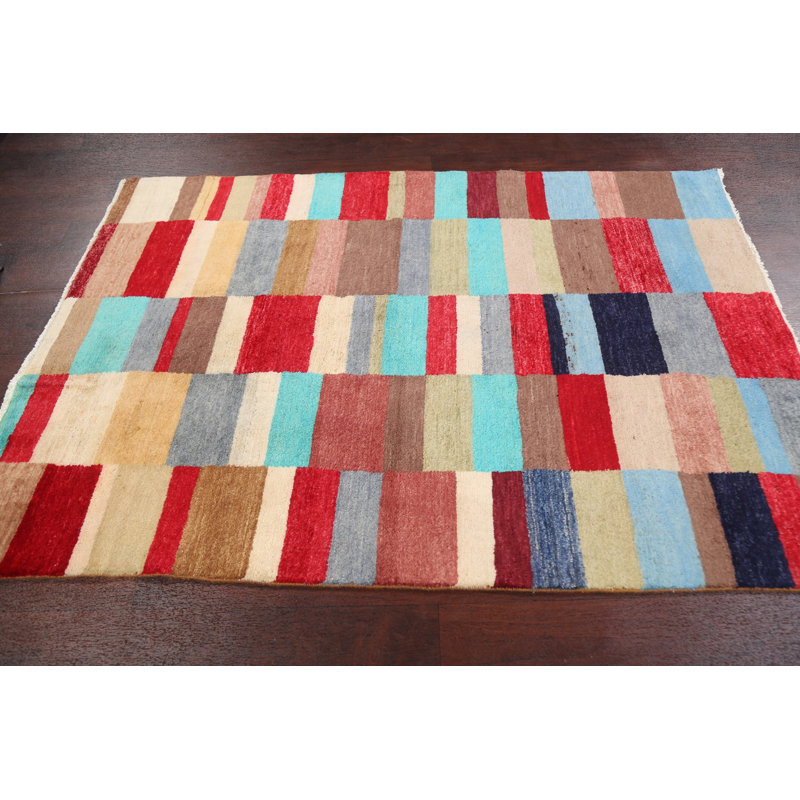 Tapis bleu / rouge / beige en laine noué à la main de conception unique 4 pi 2 po x 5 pi 11 po New Age