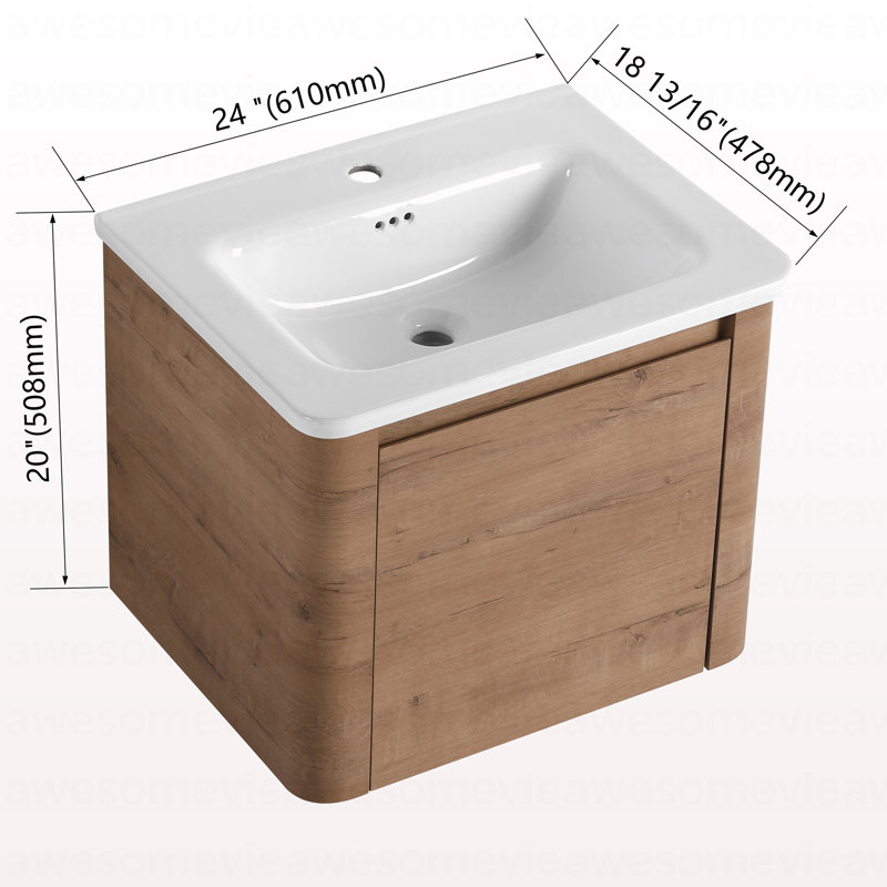 Meuble-lavabo mural 24 po avec lavabo en céramique blanche et porte à fermeture en douceur, emballage KD, contreplaqué