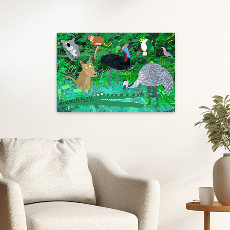 Funny Australian Animals In The Jungle By Carla Daly Alligator Bird Crocodile Animal Tropical Wall Art Print by Carla Daly - Wrapped Canvas Print