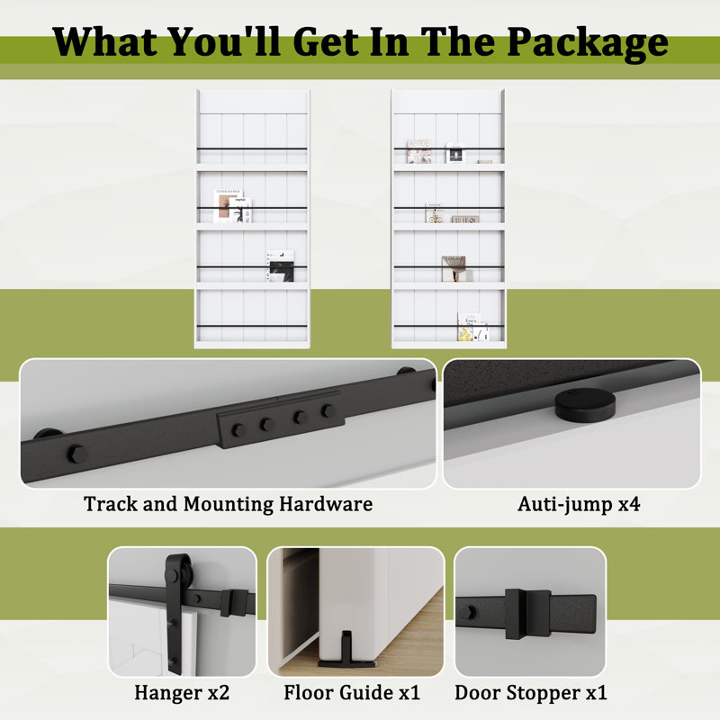 Four Shelf Double Primed Sliding Barn Door With Mounting Hardware Kit（Bookshelf Style）, 60" x 84"