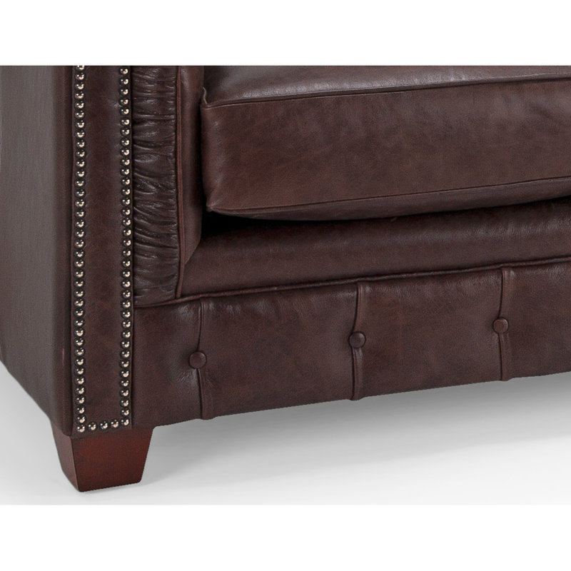 Canapé Chesterfield à accoudoirs roulés en cuir véritable de 86 po Melany, Brun ranch vieilli