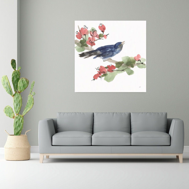 Art contemporain avec oiseaux et fleurs II, H 48 po x l 48 po