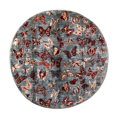Tapis rond en laine noué à la main de conception unique de 7 pi en gris / rouge / beige