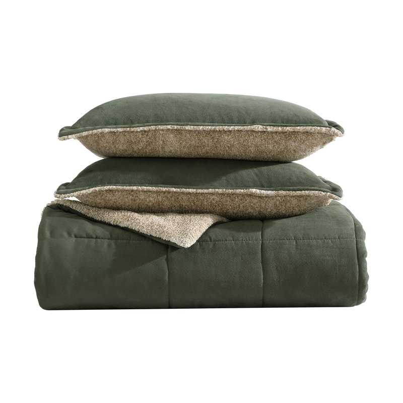 Wrangler Legendary Solid Microsuede/Sherpa Reversible Comforter Set, Green, Queen Comforter + 2 Standard Shams
