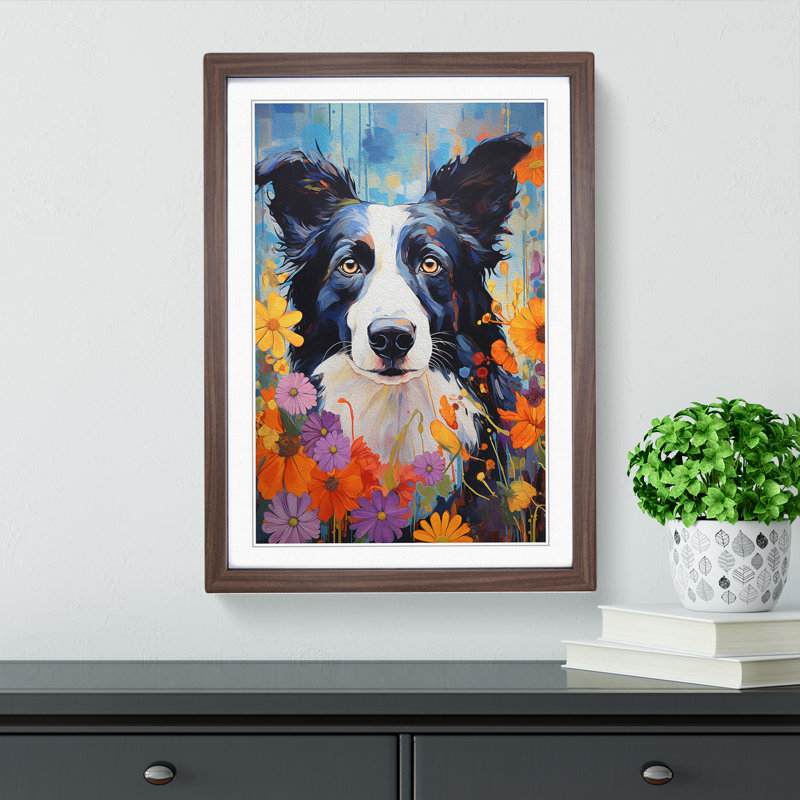 Border Collie Expressionism No.2 - Single Picture Frame Print on Wood, Walnut, 64cm H x 46cm W x 2cm D