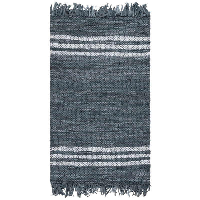 Kristell Vintage Leather Hand Woven Leather/Cotton Striped Rug in Gray/vory, Rectangle 3' x 5'