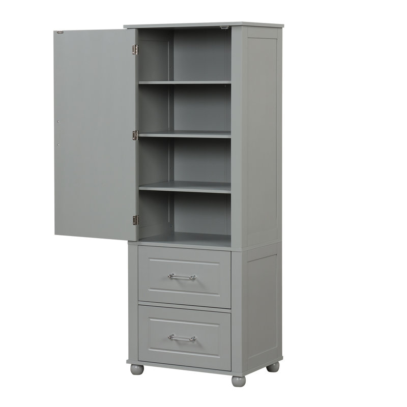 Grey Tall Freestanding Bathroom Storage Cabinet with Two Drawers & Adjustable Shelf, Painted MDF Board, Gray