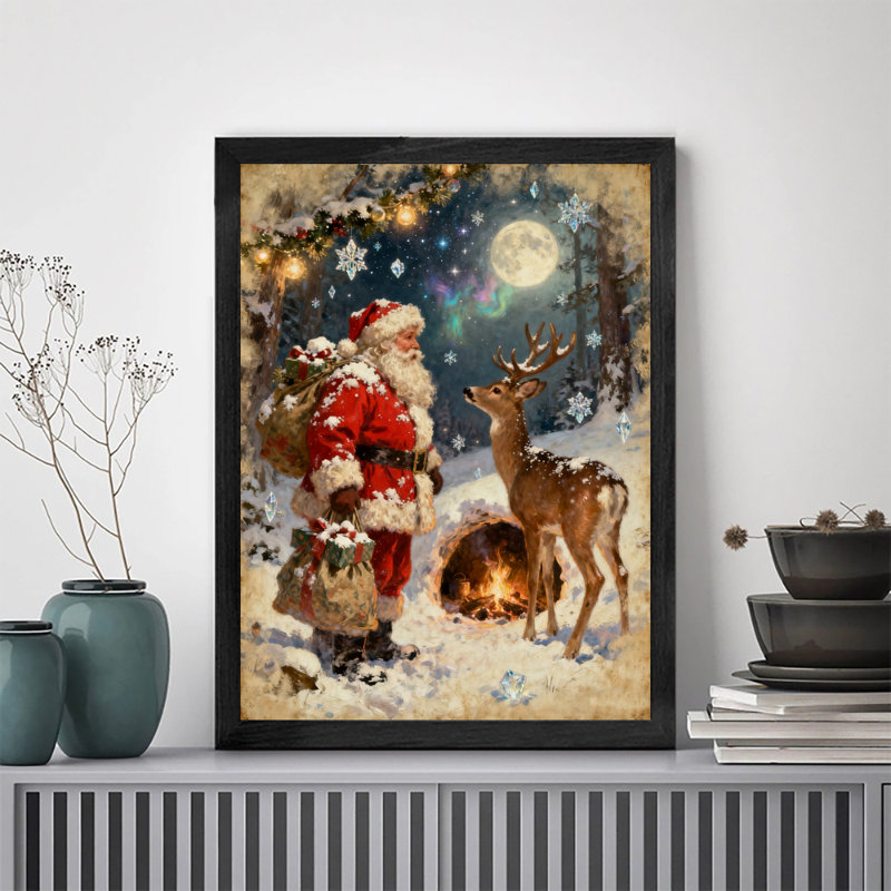 Père Noël rétro noir encadré avec art mural de style rétro, H 17 po x l 13 po
