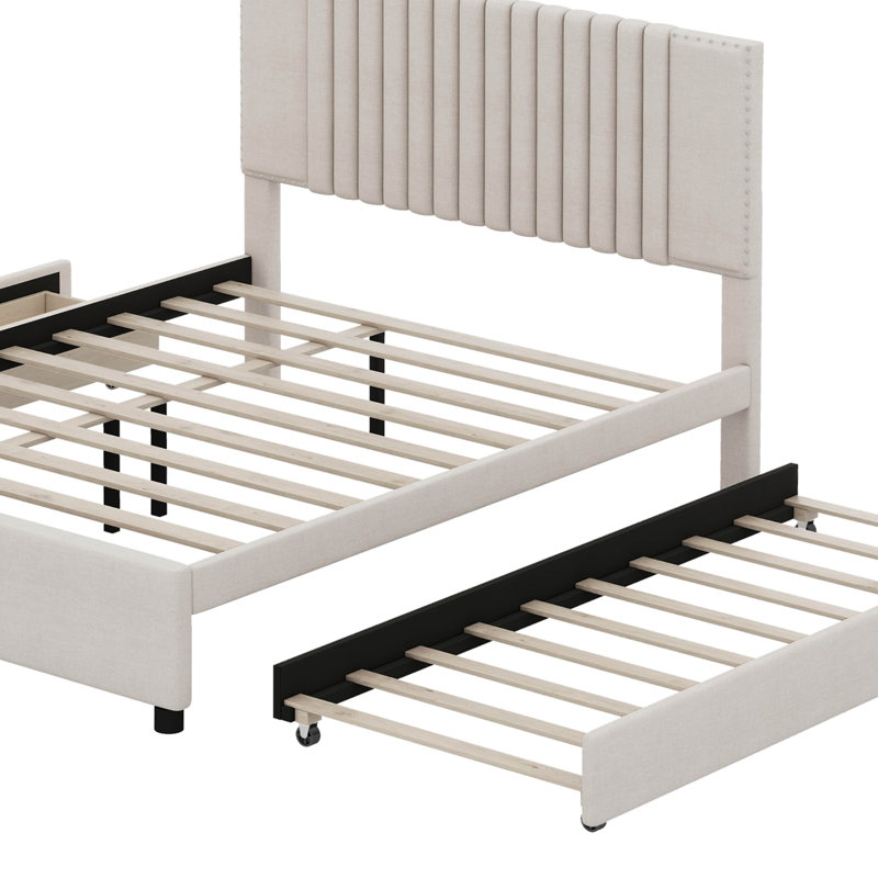 Lit plateforme tapissier Maniyah avec 2 tiroirs et 1 lit gigogne simple TG, Double, Beige