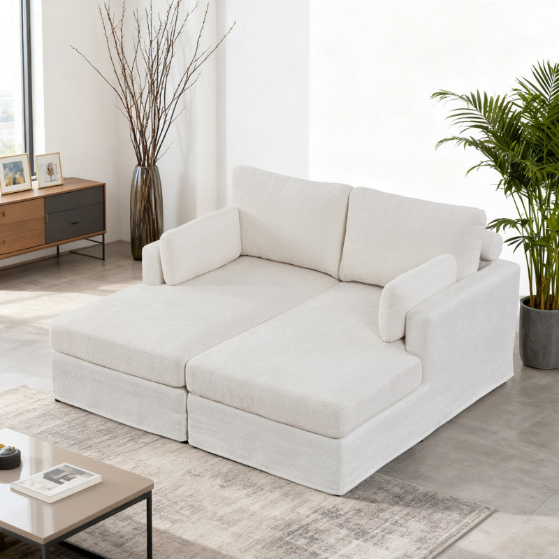 Canapé-lit moderne surdimensionné en chenille avec coussins profonds, Chenille ivoire