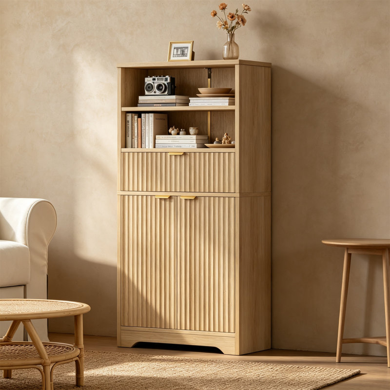 Tall Fluted Storage Cabinet with Drawer, Doors & Adjustable Shelf, Natural