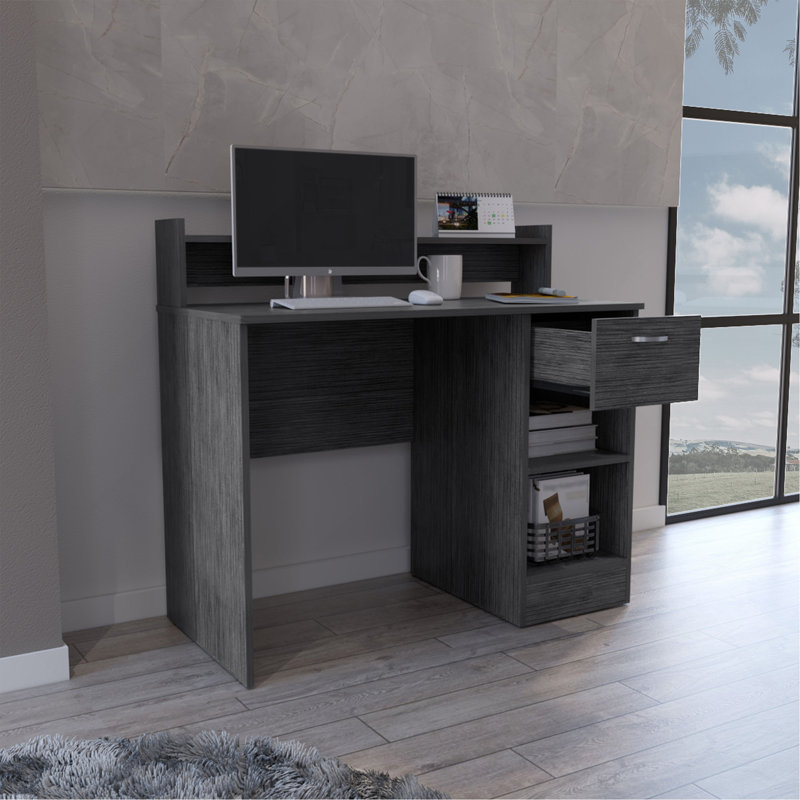Bureau d'ordinateur Delmar avec tablettes de rangement ouvertes et tiroir simple, finition chêne fumé