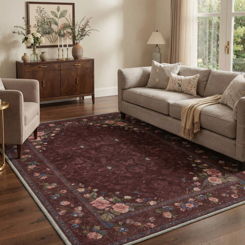 Alameda Roselyn Vintage Floral Machine Washable Red / Pink / Green Indoor Area Rug with Non-Slip Backing, Round 5'