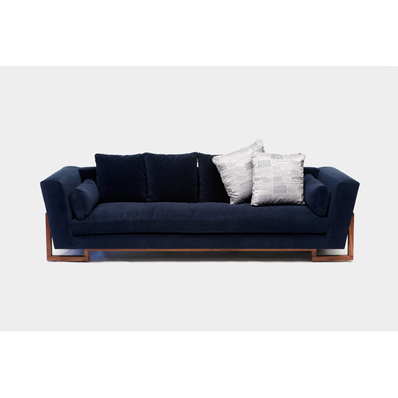 LRG Velvet Sofa, Deep Blue Aged Velvet, No Trays, Walnut