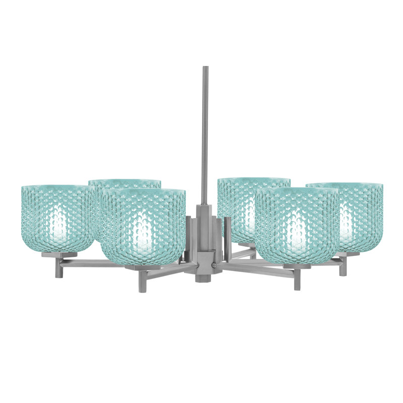 Lustre 6 lumières Finola illustré avec verre texturé turquoise 6 po, Bleu sarcelle, Graphite