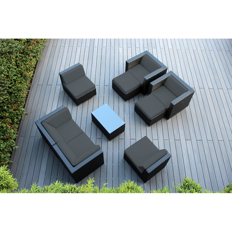 Ensemble de conversation en osier pour 6 personnes avec coussins Bannan - sans assemblage, Supercrylic gris, Noir
