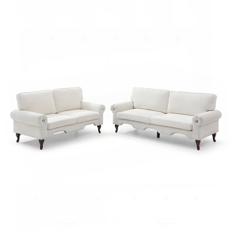 Canapé de style contemporain avec bouton en cristal et clou en cuivre, Beige