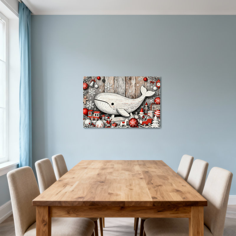 Baleine de Noël décorations de Noël sur fond en bois, H 28 po x l 40 po
