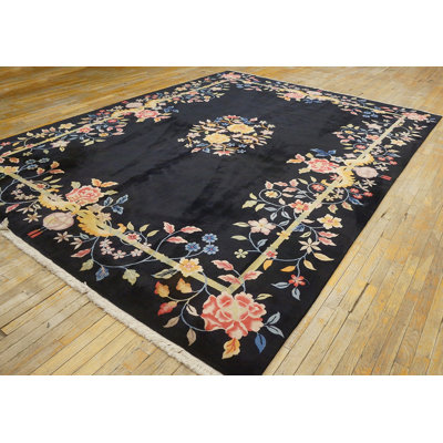 Deep Midnight Blue Almost Black Color Antique Art Deco Chinese Rug